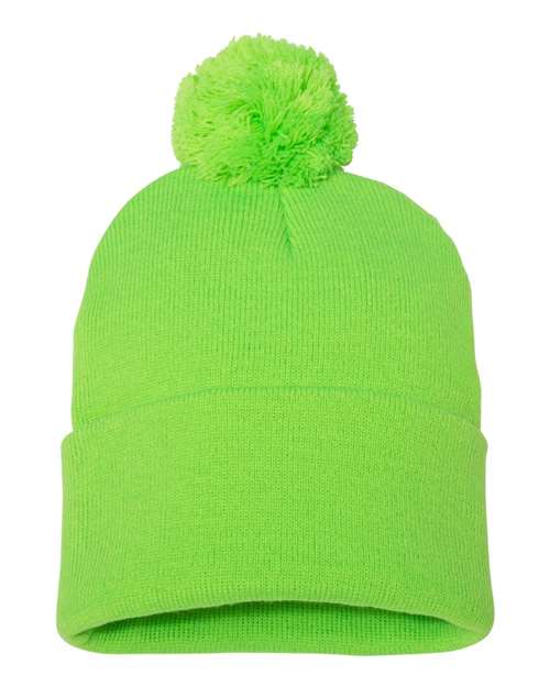 12" Pom-Pom Cuffed Beanie - Neon Green Back