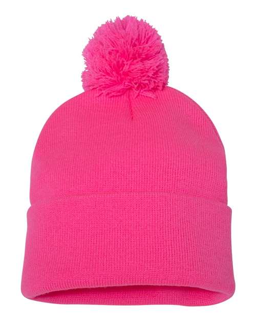 12" Pom-Pom Cuffed Beanie - Neon Pink Back