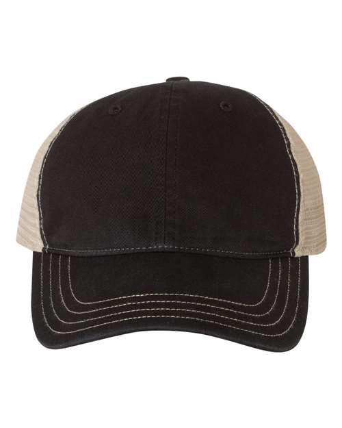 Garment-Washed Trucker Cap - Black/ Khaki Front
