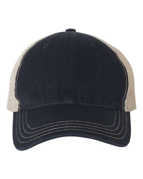 Garment-Washed Trucker Cap - Navy/ Khaki Front