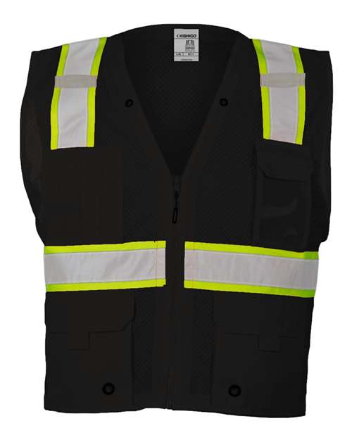 Unisex EV Series® Enhanced Visibility Multi-Pocket Mesh Vest - Black/ Lime - B100 Front