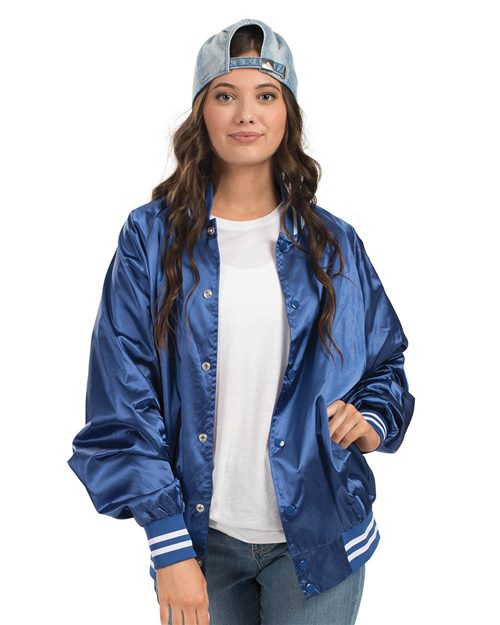 Unisex Satin Baseball Jacket Striped Trim - Red/ White Front