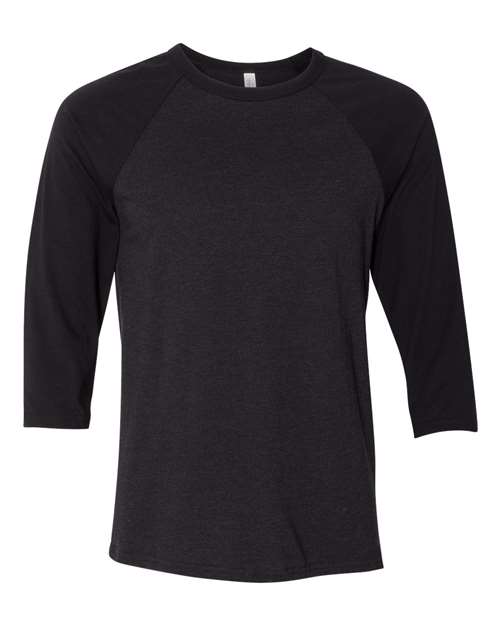 Unisex Three-Quarter Sleeve Baseball Tee - Black Heather/ Black Front