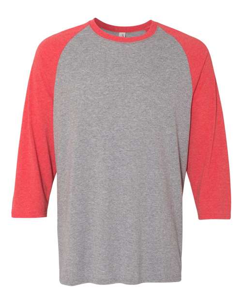 Unisex Triblend Three-Quarter Raglan Baseball T-Shirt - Oxford/ Fiery Red Heather Front
