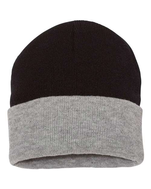 12" Color Blocked Cuffed Beanie - Black/ Heather Front