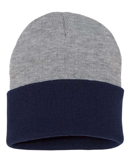 12" Color Blocked Cuffed Beanie - Heather/ Navy Back