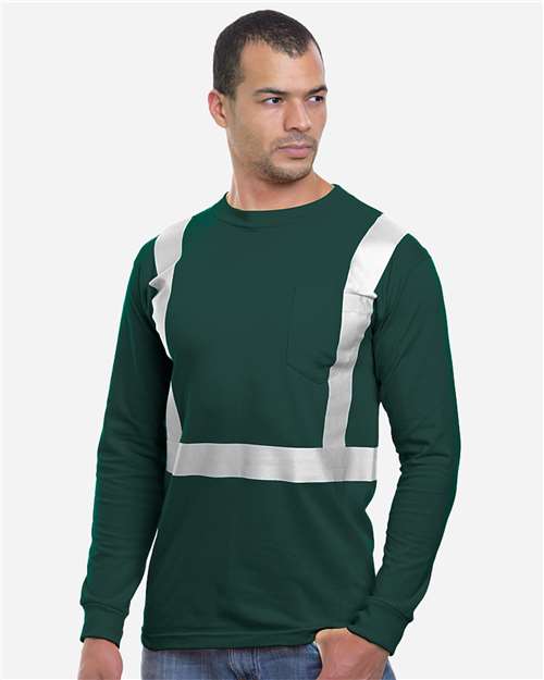 Unisex USA-Made High Visibility Long Sleeve Pocket T-Shirt - Forest Green Front