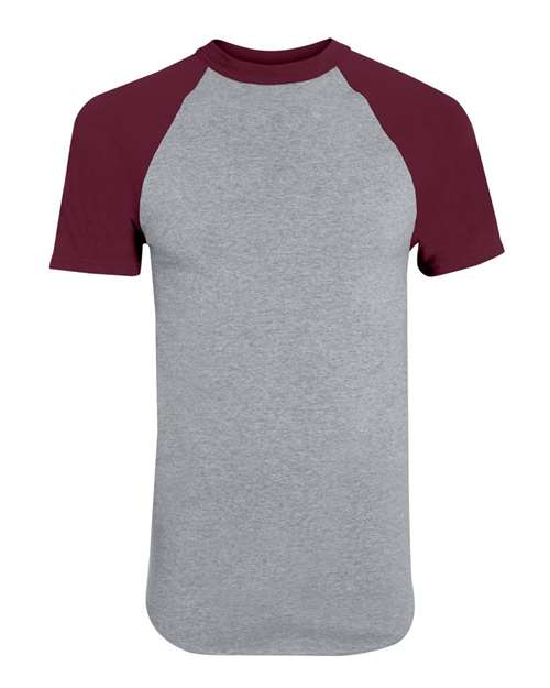 Unisex Raglan Baseball Jersey - Athletic Heather/ Maroon Front