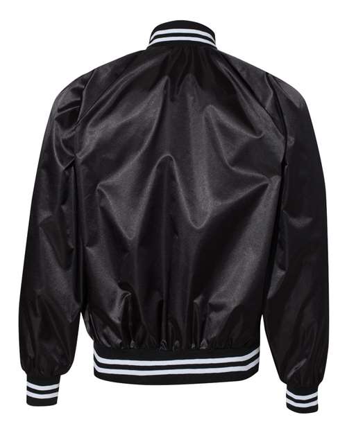 Unisex Satin Baseball Jacket Striped Trim - Black/ White Back