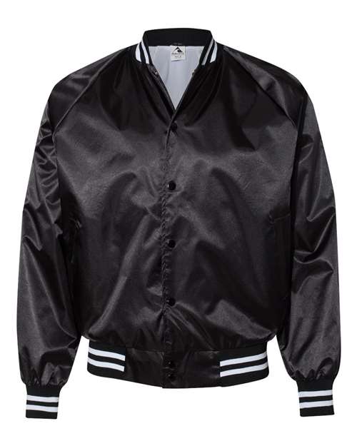 Unisex Satin Baseball Jacket Striped Trim - Black/ White Front