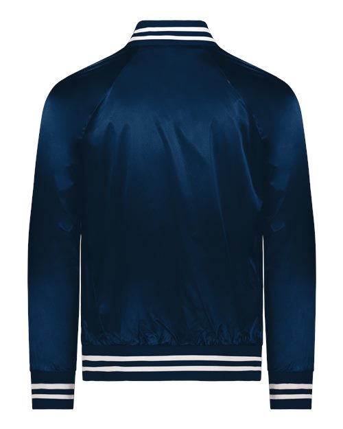 Unisex Satin Baseball Jacket Striped Trim - Navy/ White Back