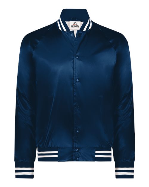 Unisex Satin Baseball Jacket Striped Trim - Navy/ White Front