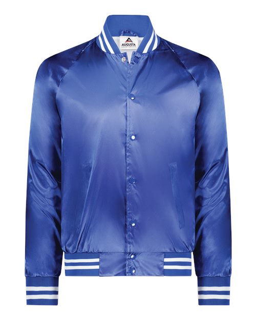 Unisex Satin Baseball Jacket Striped Trim - Royal/ White Front