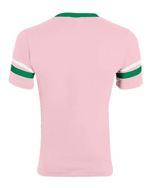 V-Neck Jersey with Striped Sleeves - Light Pink/ Kelly/ White Back