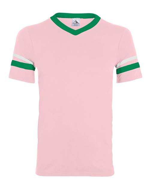 V-Neck Jersey with Striped Sleeves - Light Pink/ Kelly/ White Front