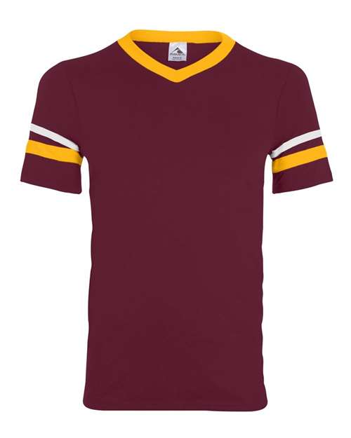 V-Neck Jersey with Striped Sleeves - Maroon/ Gold/ White Front