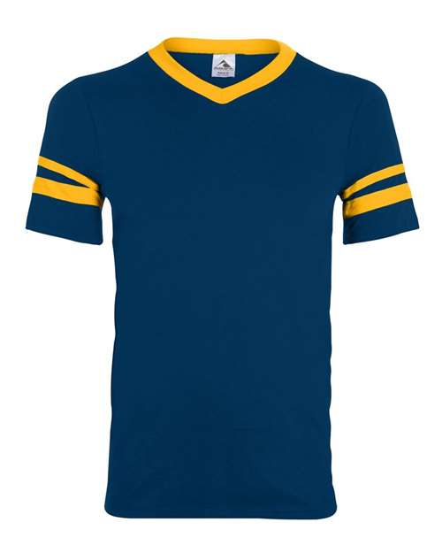 V-Neck Jersey with Striped Sleeves - Navy/ Gold Front