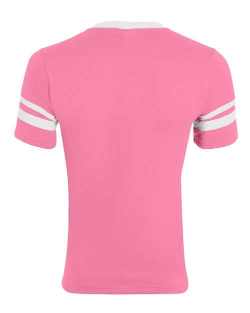 V-Neck Jersey with Striped Sleeves - Pink/ White Back