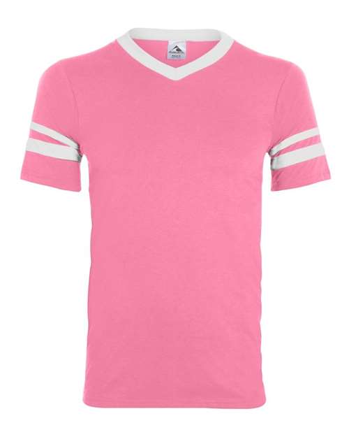 V-Neck Jersey with Striped Sleeves - Pink/ White Front
