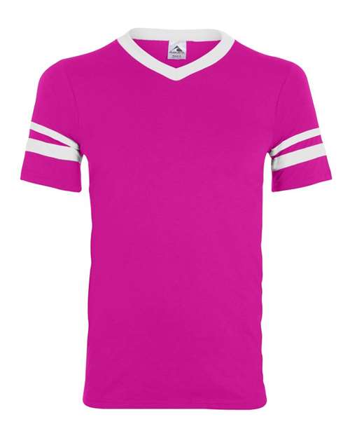V-Neck Jersey with Striped Sleeves - Power Pink/ White Front