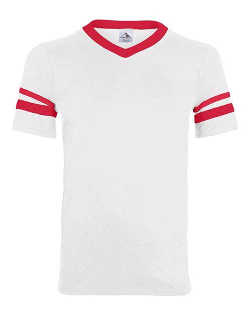 V-Neck Jersey with Striped Sleeves - White/ Red Front