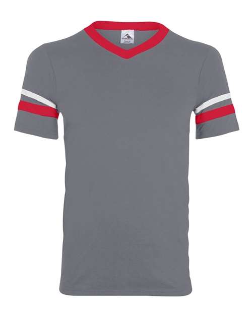 Youth V-Neck Jersey with Striped Sleeves - Graphite/ Red/ White Front
