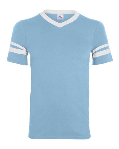 Youth V-Neck Jersey with Striped Sleeves - Light Blue/ White Front