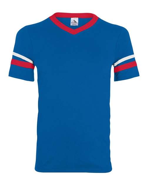 Youth V-Neck Jersey with Striped Sleeves - Royal/ Red/ White Front