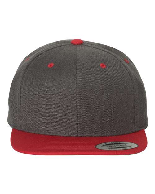 Premium Flat Bill Snapback Cap - Dark Heather/ Red Front