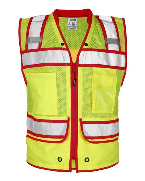 Men's Color Contrast High Performance Surveyors Vest - Lime/ Red - S5043 Front