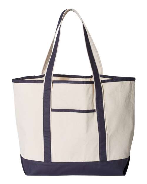 Q-Tees 34.6L Large Canvas Deluxe Tote - Natural/ Navy Front