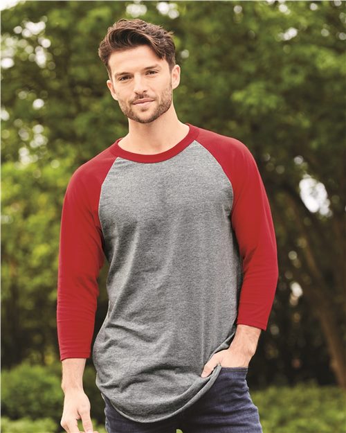 Unisex Three-Quarter Raglan Sleeve Baseball Jersey T-Shirt - White/ Purple Front