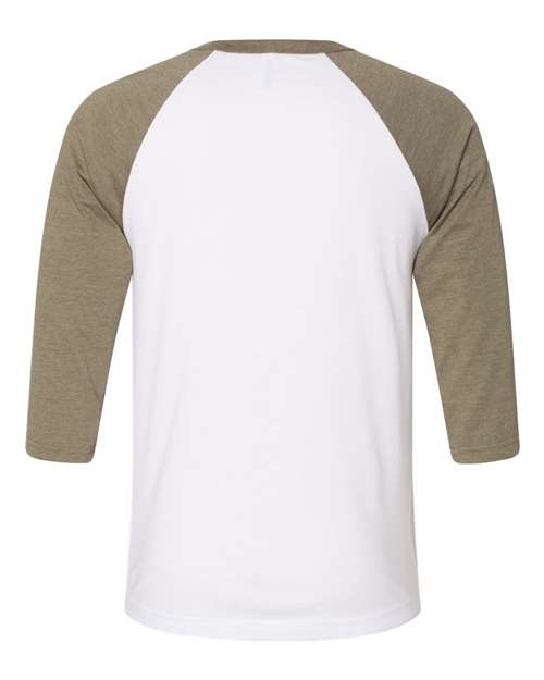 Unisex Three-Quarter Sleeve Baseball Tee - White/ Heather Olive Back
