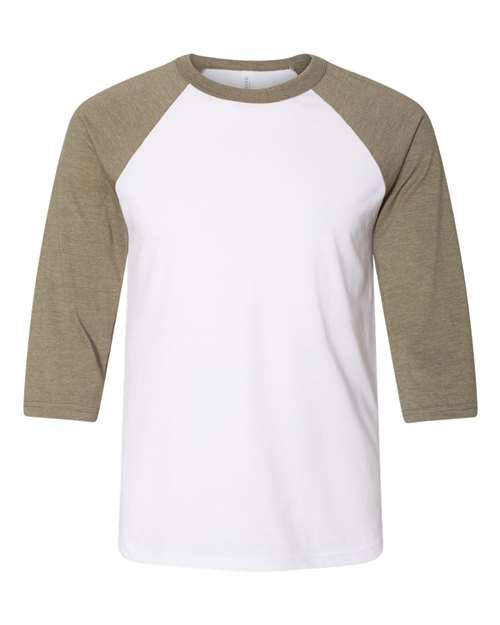 Unisex Three-Quarter Sleeve Baseball Tee - White/ Heather Olive Front