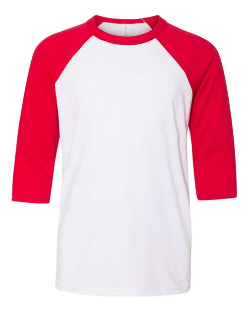 Youth Three-Quarter Sleeve Baseball Tee - White/ Red Front