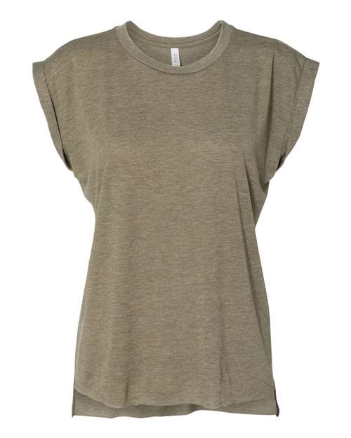 Women’s Flowy Rolled Cuffs Muscle Tee - Heather Olive Front