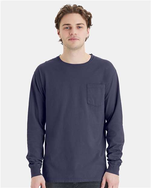 ComfortWash by Hanes Unisex Garment-Dyed Long Sleeve T-Shirt With a Pocket - Model Front