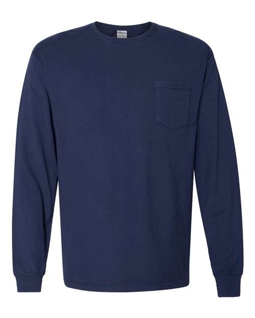 Unisex Garment-Dyed Long Sleeve T-Shirt With a Pocket - Navy Front