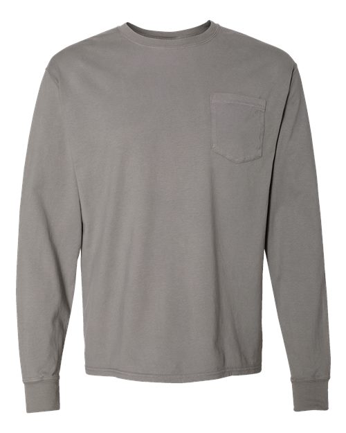 Unisex Garment-Dyed Long Sleeve T-Shirt With a Pocket - Concrete Grey Front