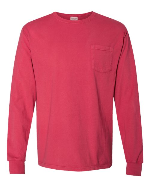 Unisex Garment-Dyed Long Sleeve T-Shirt With a Pocket - Crimson Fall Front