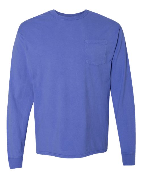 Unisex Garment-Dyed Long Sleeve T-Shirt With a Pocket - Deep Forte Blue Front