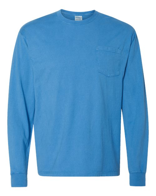 Unisex Garment-Dyed Long Sleeve T-Shirt With a Pocket - Summer Sky Blue Front