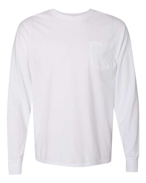 Unisex Garment-Dyed Long Sleeve T-Shirt With a Pocket - White Front