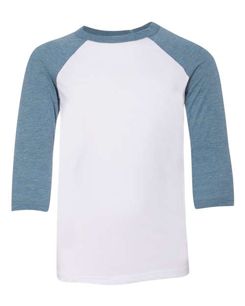 Youth Three-Quarter Sleeve Baseball Tee - White/ Denim Front