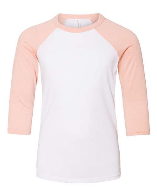 Youth Three-Quarter Sleeve Baseball Tee - White/ Heather Peach Front