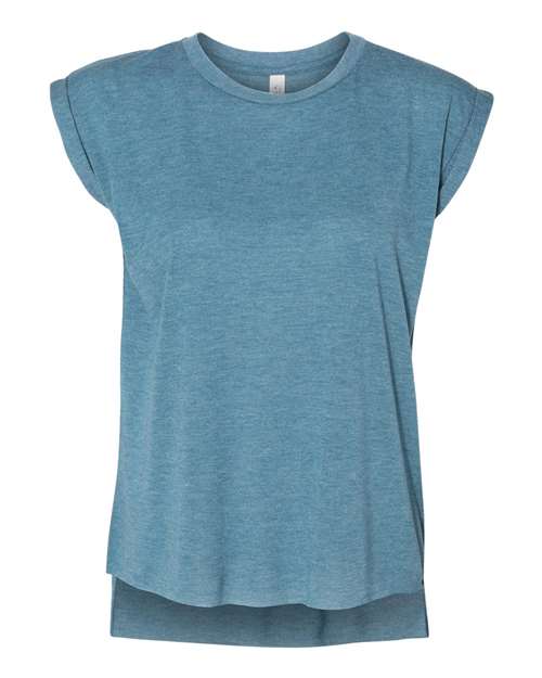 Women’s Flowy Rolled Cuffs Muscle Tee - Heather Deep Teal Front