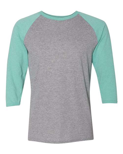 Unisex Triblend Three-Quarter Raglan Baseball T-Shirt - Oxford/ Mint Heather Front