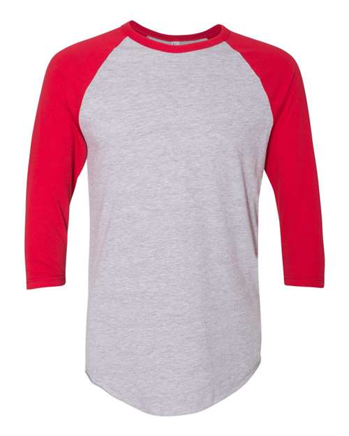 Unisex 50/50 Raglan Three-Quarter Sleeve Tee - Heather Grey/ Red Front