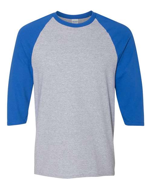 Unisex Heavy Cotton™ Raglan Three-Quarter Sleeve T-Shirt - Sport Grey/ Royal Front