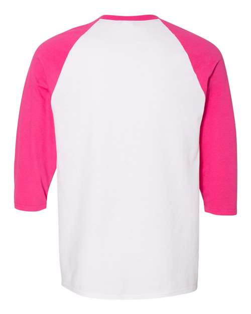 Unisex Heavy Cotton™ Raglan Three-Quarter Sleeve T-Shirt - White/ Heliconia Back